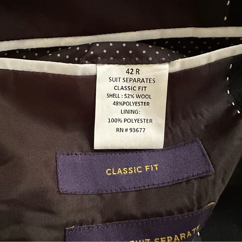 Stanford Travel Suit Separates Solid Black Classic Fit Jacket Size 42R